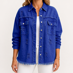 Genevieve | Womens Ripped Longline Denim Jacket, Royal Blue