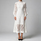 Genevieve | Womens Wedding Guest Lace A-Line Puff Sleeve Dresses White