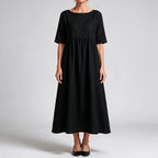 Saoirse | Womens Wedding Guest Summer Midi Cotton Linen Round Neck Dresses Black