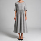 Saoirse | Womens Wedding Guest Summer Midi Cotton Linen Round Neck Dresses Light Grey