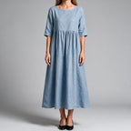 Saoirse | Womens Wedding Guest Summer Midi Cotton Linen Round Neck Dresses Light Blue