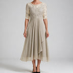 Isla | Womens Wedding Guest Dress Bridesmaid Cocktail Midi Lace Chiffon Dress Gold
