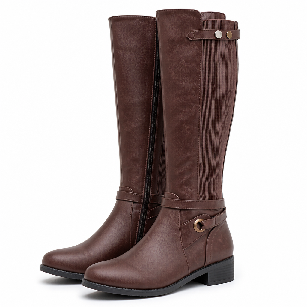 Juniper | Womens Knee High Boots Strap Detail Low Heel