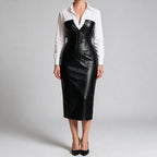 Aurelia | Womens Shirt Dress Long Sleeve Belted Leather Look Midi Dress Black
