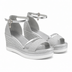 Oceane | Womens Platform Wedge Fish Mouth Black Peep Toe Sandals Silver packshot