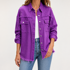 Genevieve | Womens Ripped Longline Denim Jacket, Dark Purple