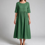 Saoirse | Womens Wedding Guest Summer Midi Cotton Linen Round Neck Dresses Green