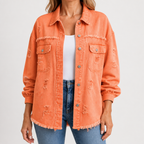 Clarissa | Womens Longline Distressed Denim Jacket, Orange