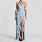 Freya | Womens Strapless Pleated Slit Maxi Wedding Guest Black Tie Summer Dresses Light Blue