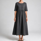 Saoirse | Womens Wedding Guest Summer Midi Cotton Linen Round Neck Dresses Dark Grey