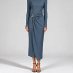 Petra | Womens Wedding Guest Long Sleeve Bodycon Midi Prom Dress Blue