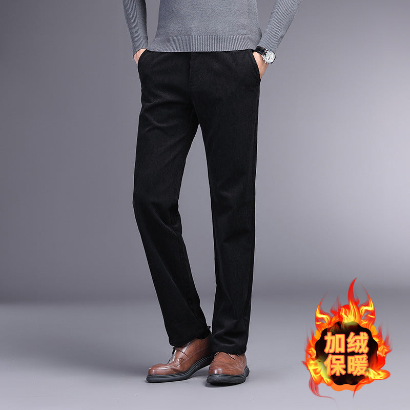 Rex | Mens Corduroy Straight Leg Trousers - Black Fleece Lined