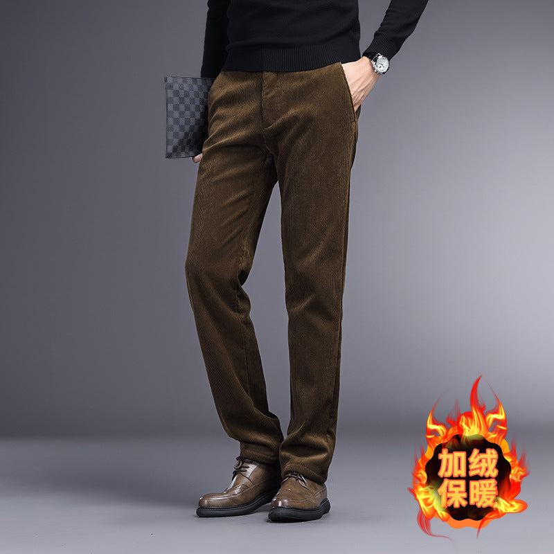 Rex | Mens Corduroy Straight Leg Trousers - Coffee Fleece Lined