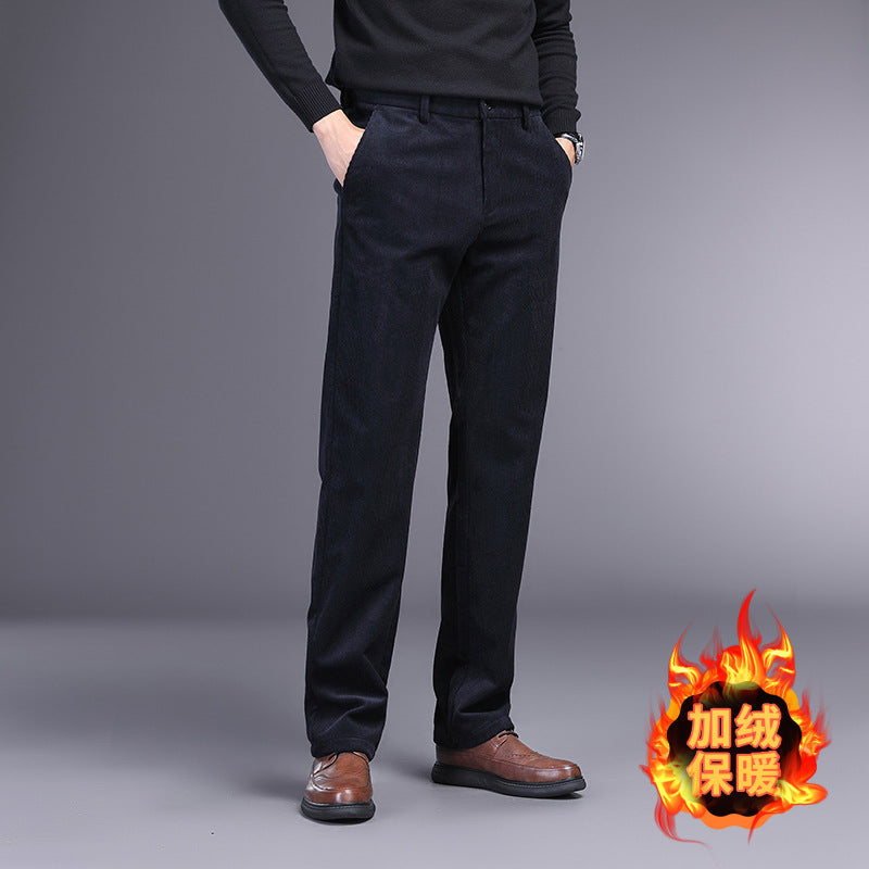 Rex | Mens Corduroy Straight Leg Trousers - Dark Blue Fleece Lined