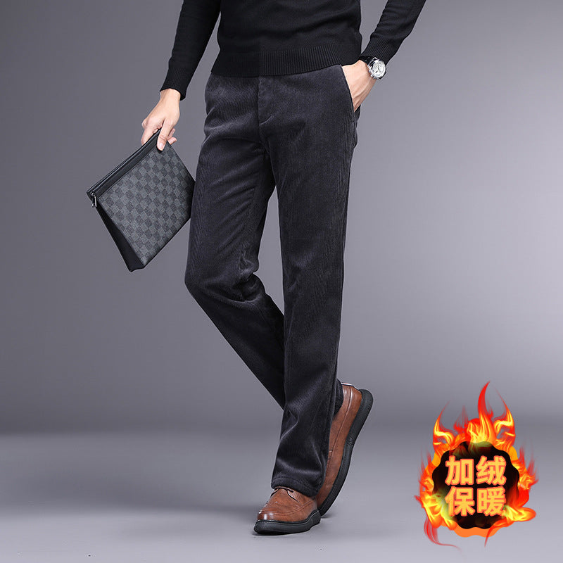 Rex | Mens Corduroy Straight Leg Trousers - Dark Grey Fleece Lined
