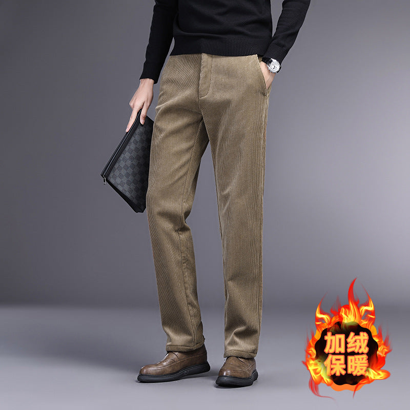 Rex | Mens Corduroy Straight Leg Trousers - Khaki Fleece Lined