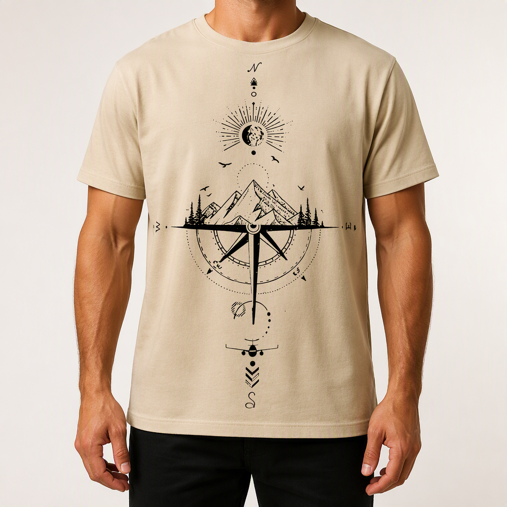 Rick | Mens Graphic T Shirt Drop Shoulder Print Casual Short Sleeve Tee, Khaki