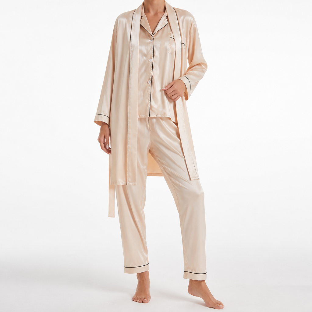 Robin | Womens Satin Jacquard Loungewear Pajama Set, Champagne