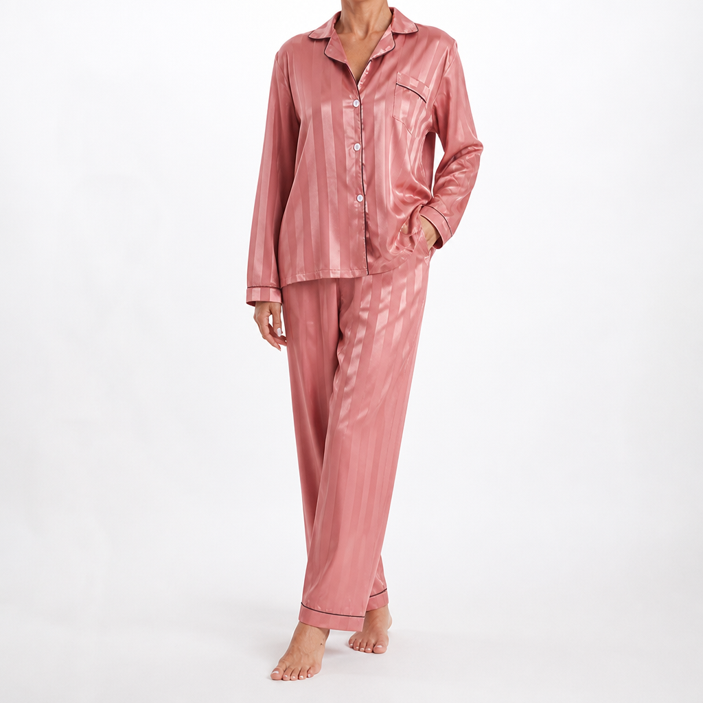 Robin | Womens Satin Jacquard Loungewear Pajama Set, Rose Red