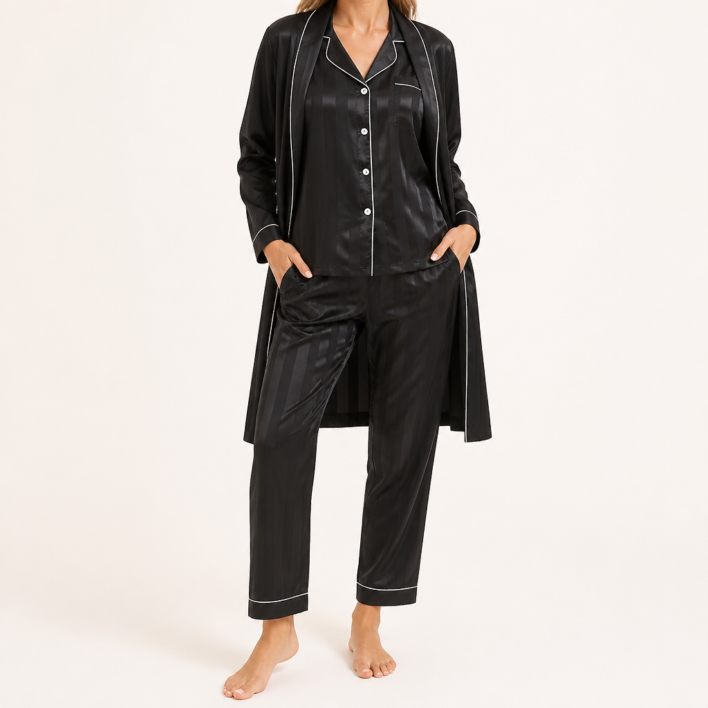 Robin | Womens Satin Jacquard Loungewear Pajama Set, Black