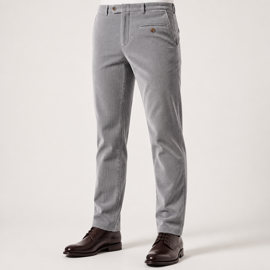 Roland | Mens Corduroy Trousers Business Casual Slim Straight Trousers, Light Grey