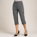 Rosalind | Womens Elastic Waist Pocket Cargo Pants Cropped Trousers, Dark Grey