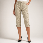 Rosalind | Womens Elastic Waist Pocket Cargo Pants Cropped Trousers, Khaki