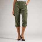 Rosalind | Womens Elastic Waist Pocket Cargo Pants Cropped Trousers, Military Green