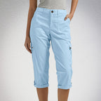 Rosalind | Womens Elastic Waist Pocket Cargo Pants Cropped Trousers - Sky Blue