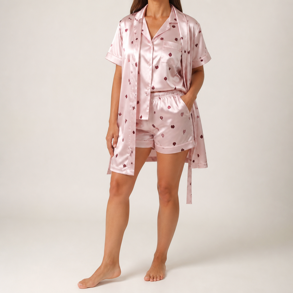 Rosie | Womens Printed Loungewear Shorts Pajama Set, Pink Heart