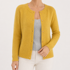 Rowena | Womens Knitted Cardigan Single Breasted Round Neck Jumper Sweater, Yellow