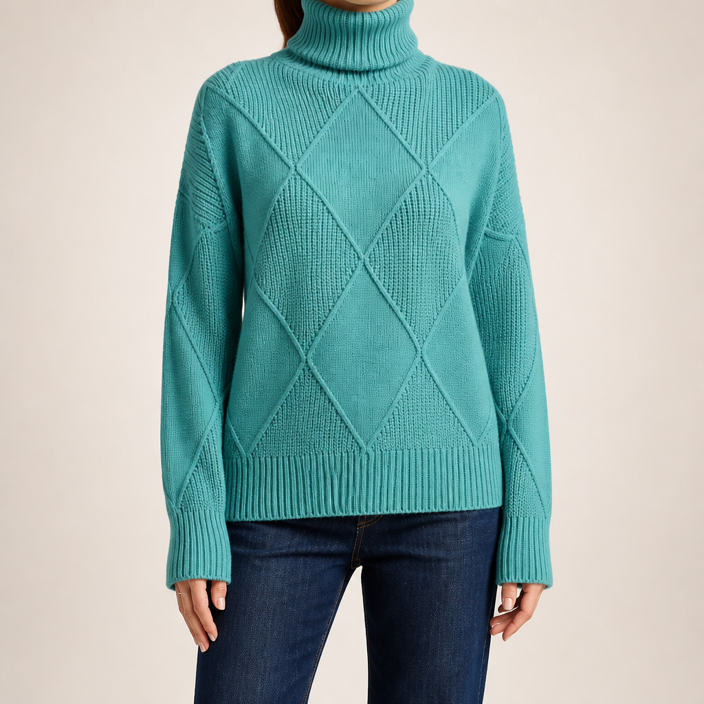 Ruby | Womens Turtleneck Diamond Texture Knit Relaxed Pullover Sweater, Fresh Water Green