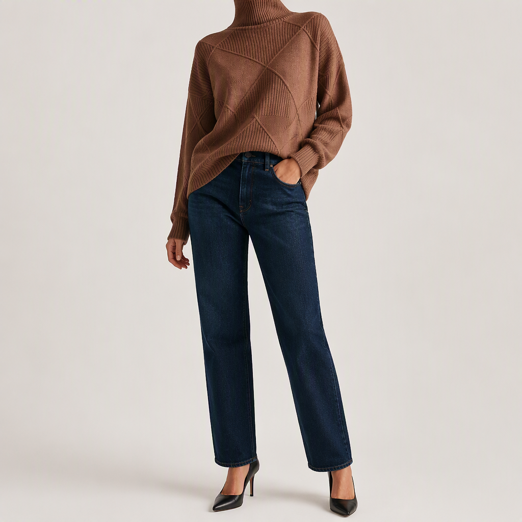 Ruby | Womens Turtleneck Diamond Texture Knit Relaxed Pullover Sweater, Brown