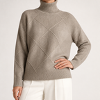 Ruby | Womens Turtleneck Diamond Texture Knit Relaxed Pullover Sweater, Card Grey