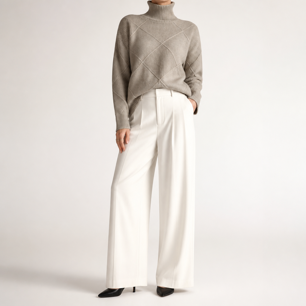 Ruby | Womens Turtleneck Diamond Texture Knit Relaxed Pullover Sweater, Card Grey