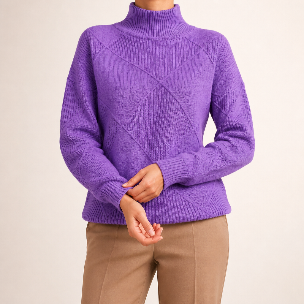 Ruby | Womens Turtleneck Diamond Texture Knit Relaxed Pullover Sweater, Purple