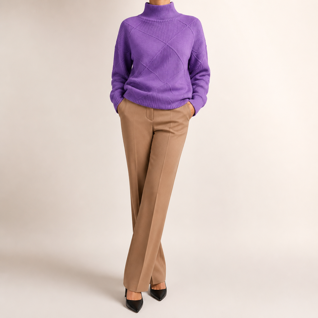 Ruby | Womens Turtleneck Diamond Texture Knit Relaxed Pullover Sweater, Purple