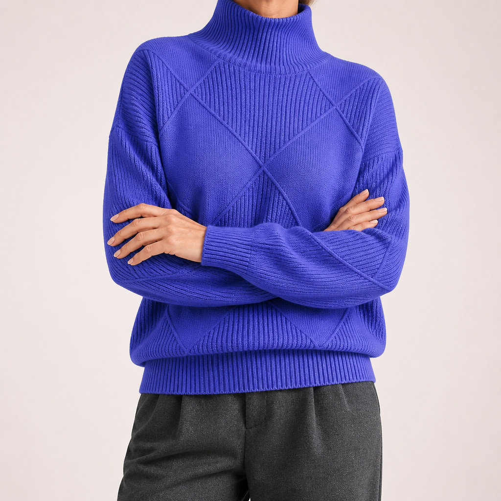 Ruby | Womens Turtleneck Diamond Texture Knit Relaxed Pullover Sweater, Blue