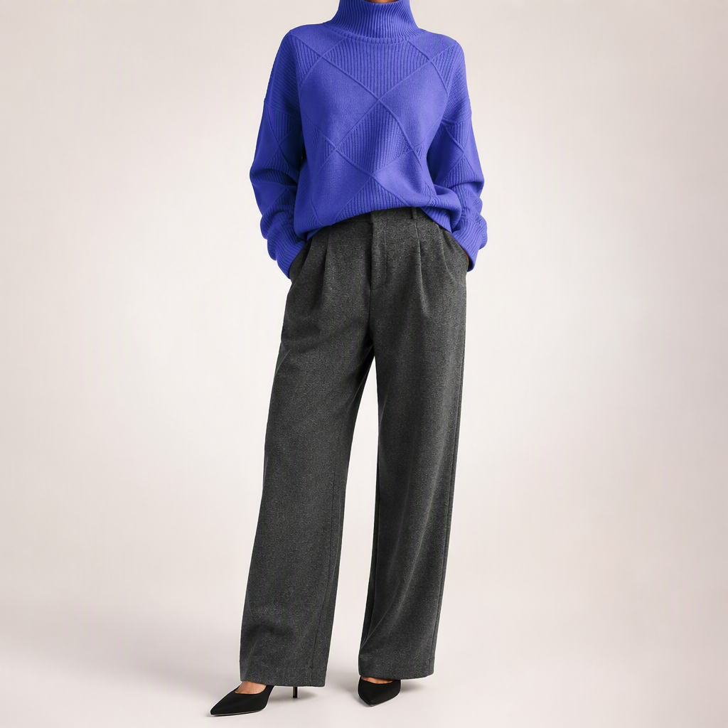 Ruby | Womens Turtleneck Diamond Texture Knit Relaxed Pullover Sweater, Blue