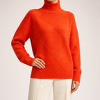 Ruby | Womens Turtleneck Diamond Texture Knit Relaxed Pullover Sweater, Orange Red
