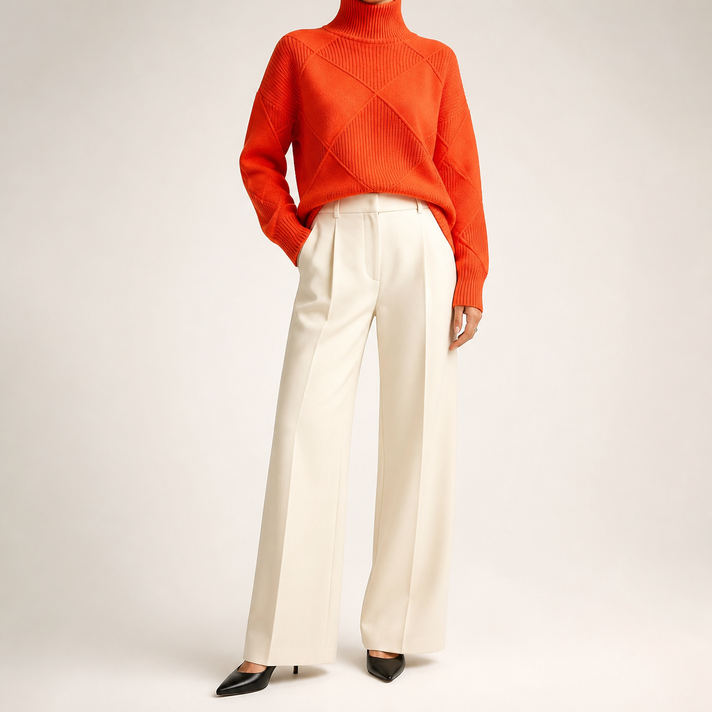Ruby | Womens Turtleneck Diamond Texture Knit Relaxed Pullover Sweater, Orange Red