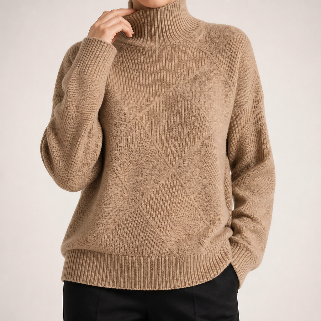Ruby | Womens Turtleneck Diamond Texture Knit Relaxed Pullover Sweater, Khaki