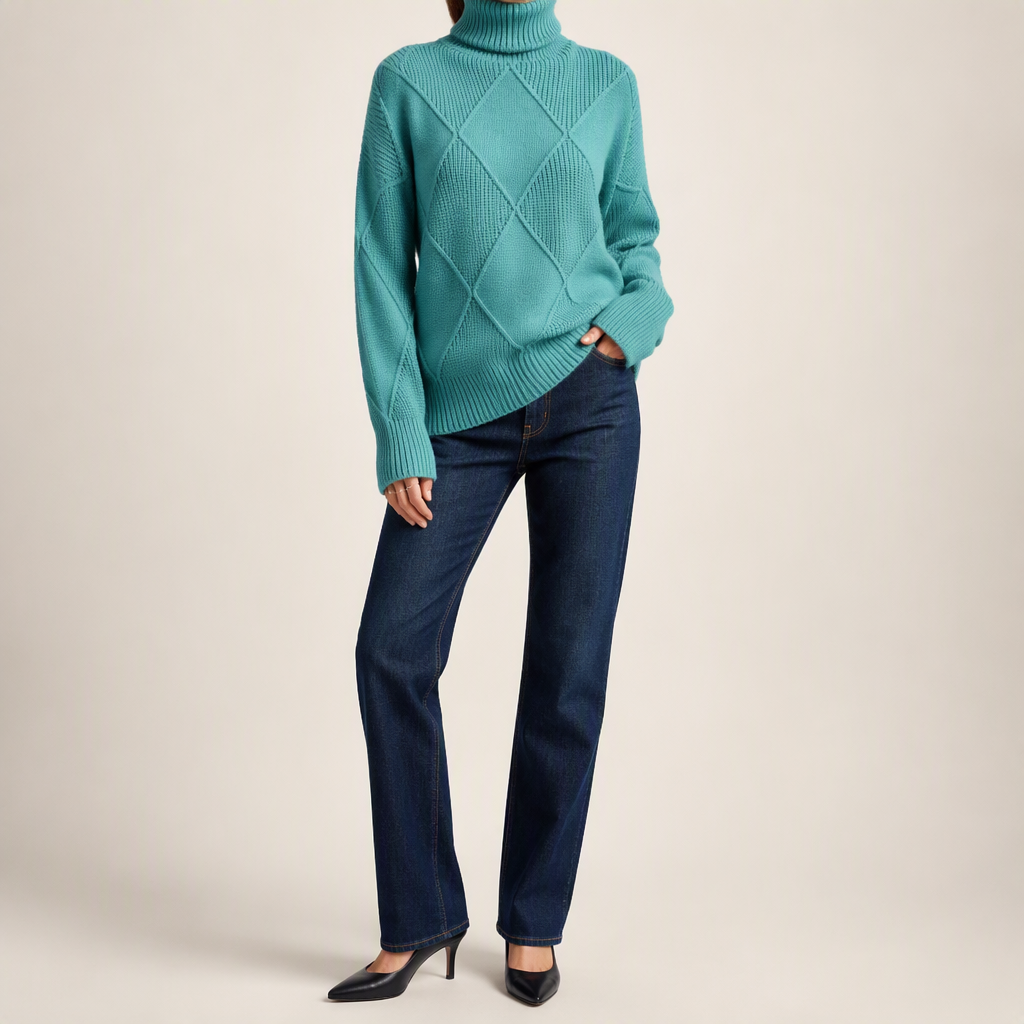 Ruby | Womens Turtleneck Diamond Texture Knit Relaxed Pullover Sweater, Fresh Water Green