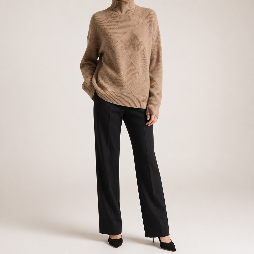 Ruby | Womens Turtleneck Diamond Texture Knit Relaxed Pullover Sweater, Khaki