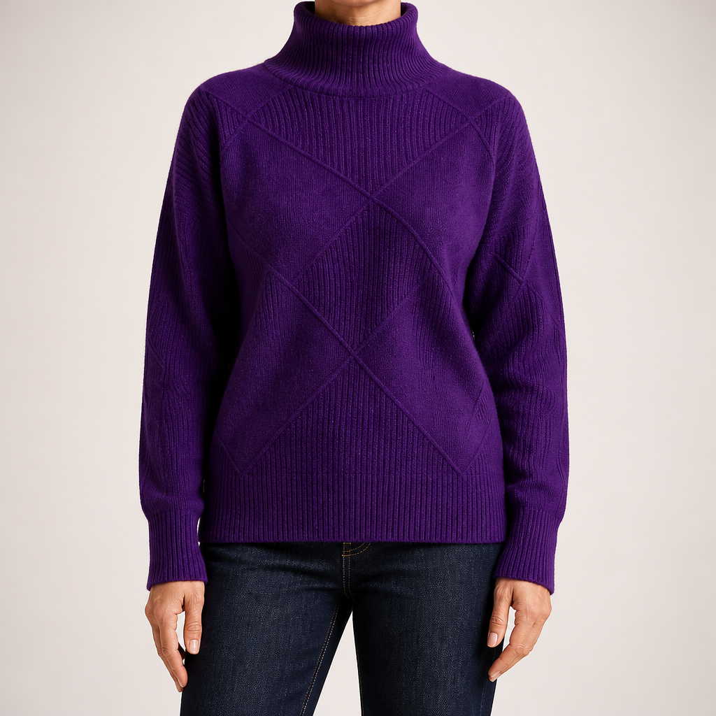 Ruby | Womens Turtleneck Diamond Texture Knit Relaxed Pullover Sweater, Dark Purple