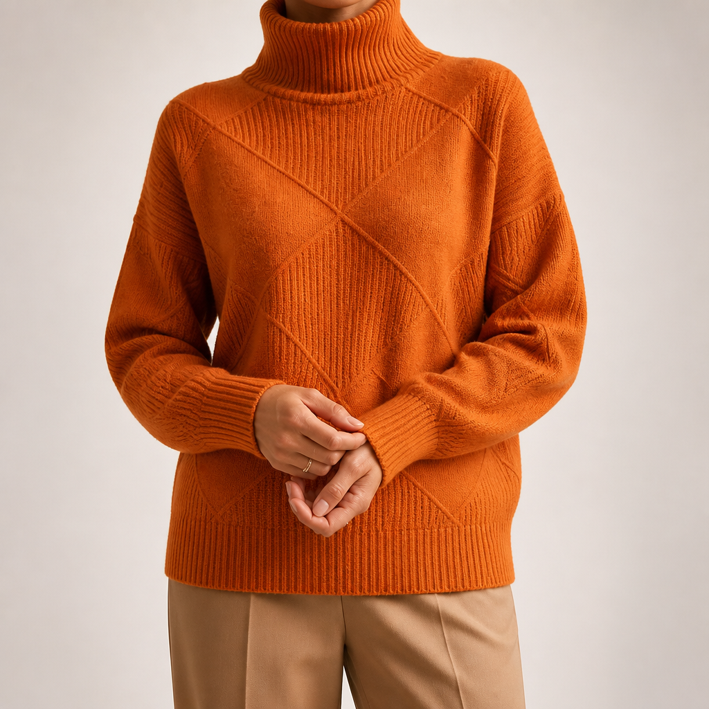 Ruby | Womens Turtleneck Diamond Texture Knit Relaxed Pullover Sweater, Orange