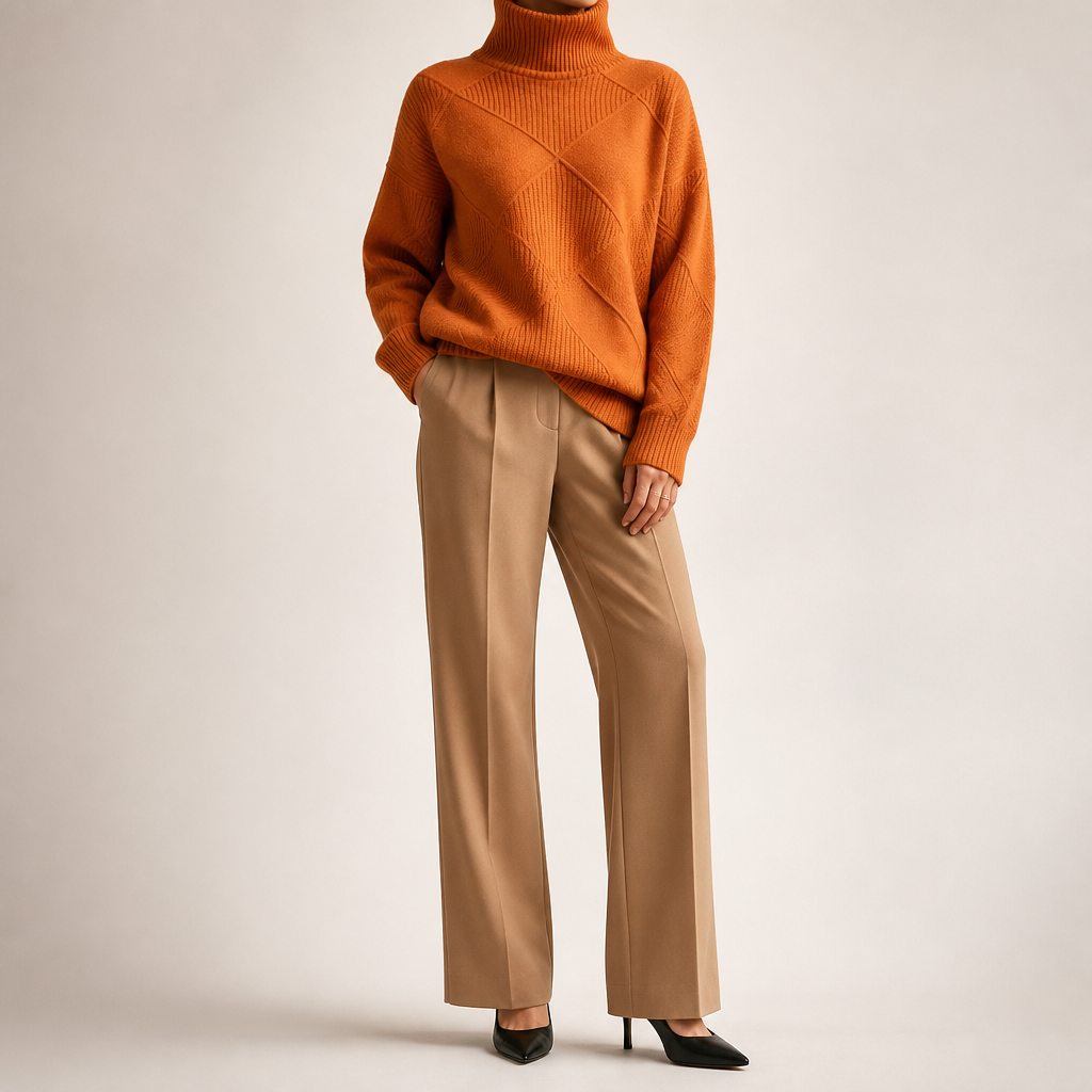 Ruby | Womens Turtleneck Diamond Texture Knit Relaxed Pullover Sweater, Orange