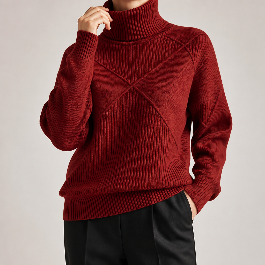 Ruby | Womens Turtleneck Diamond Texture Knit Relaxed Pullover Sweater, Burgundy