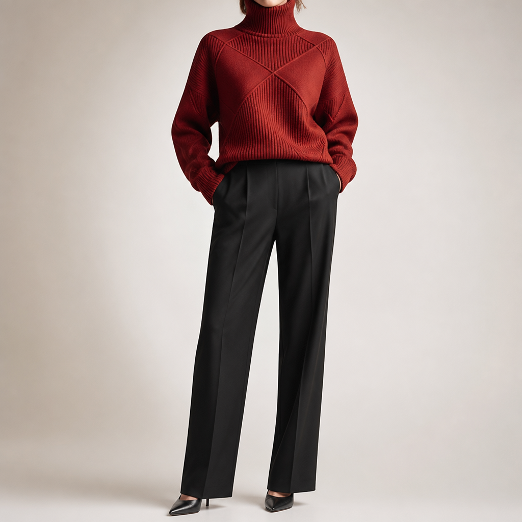 Ruby | Womens Turtleneck Diamond Texture Knit Relaxed Pullover Sweater, Burgundy