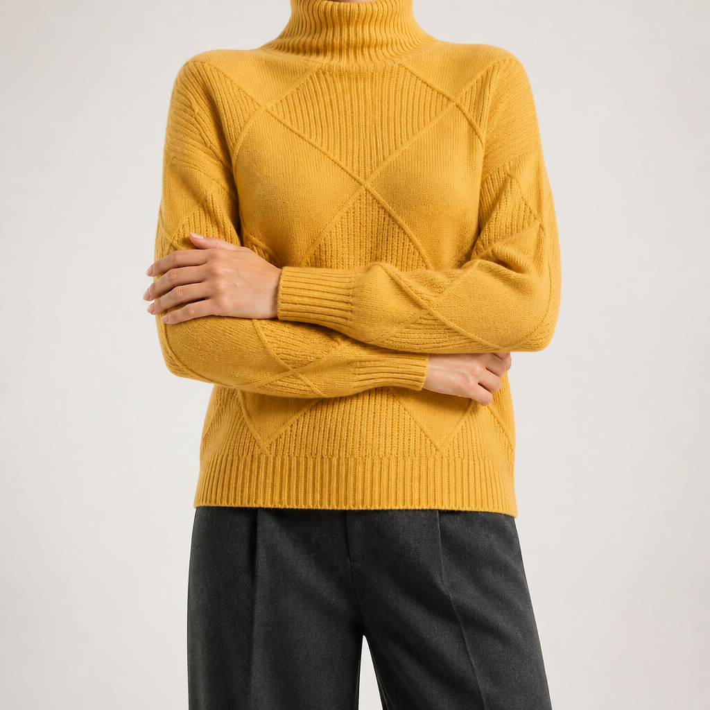 Ruby | Womens Turtleneck Diamond Texture Knit Relaxed Pullover Sweater, Golden Yellow